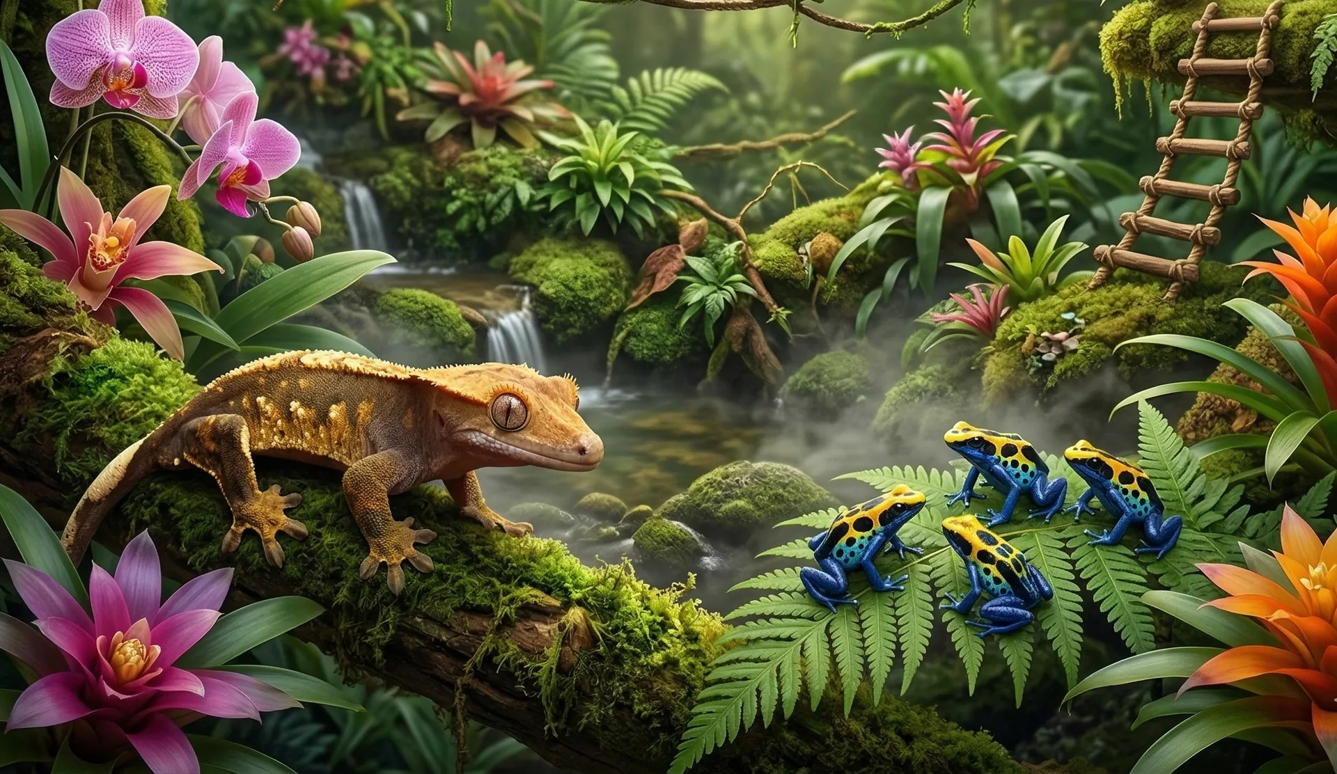 Regnskogsmiljö med ögonfransgecko på en mossig gren, pilgiftsgrodor, orkidéer och ett litet vattenfall.